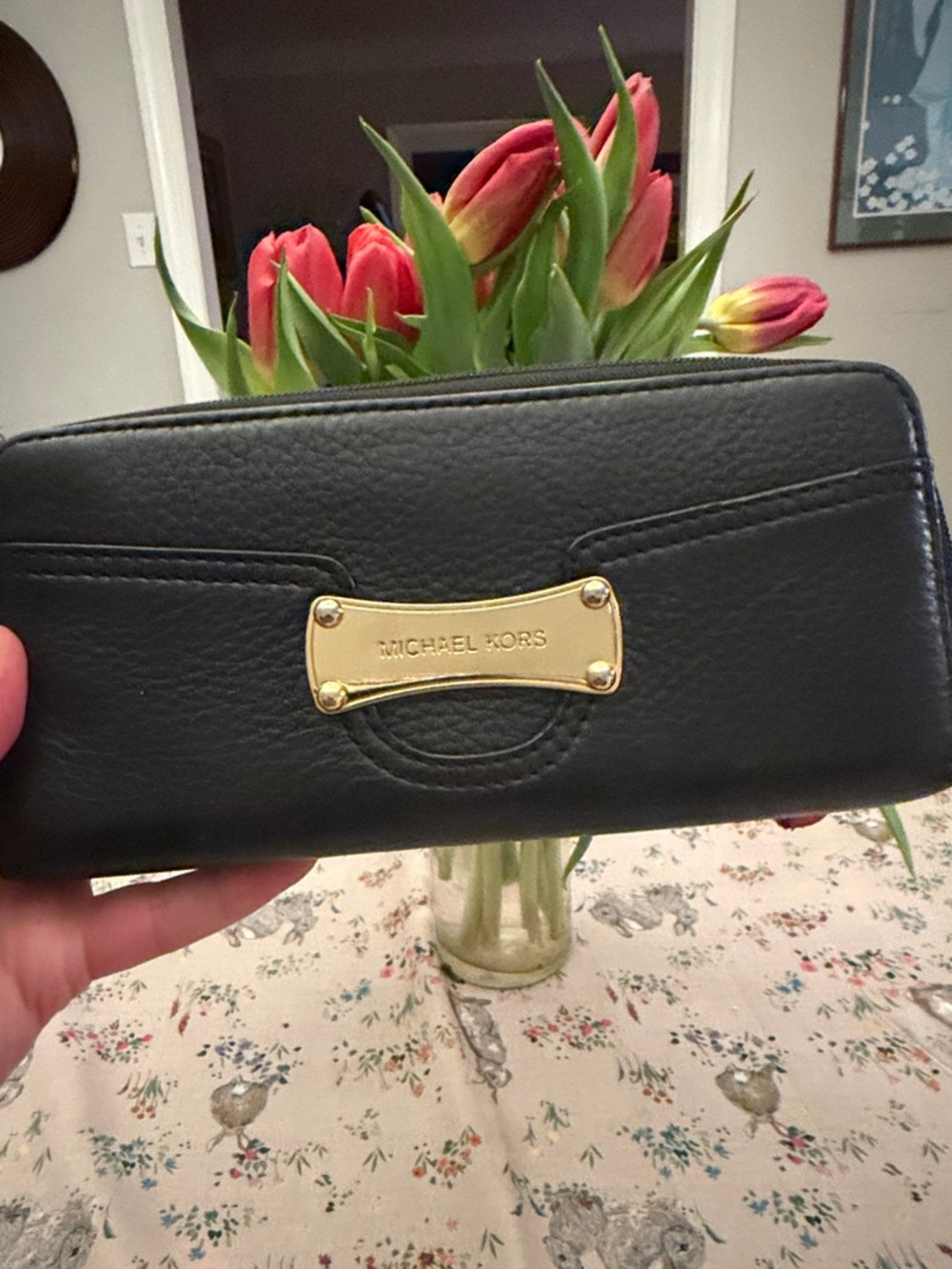 Michael Kors Black Leather Continental Zip-Around Wallet with Gold Plaque